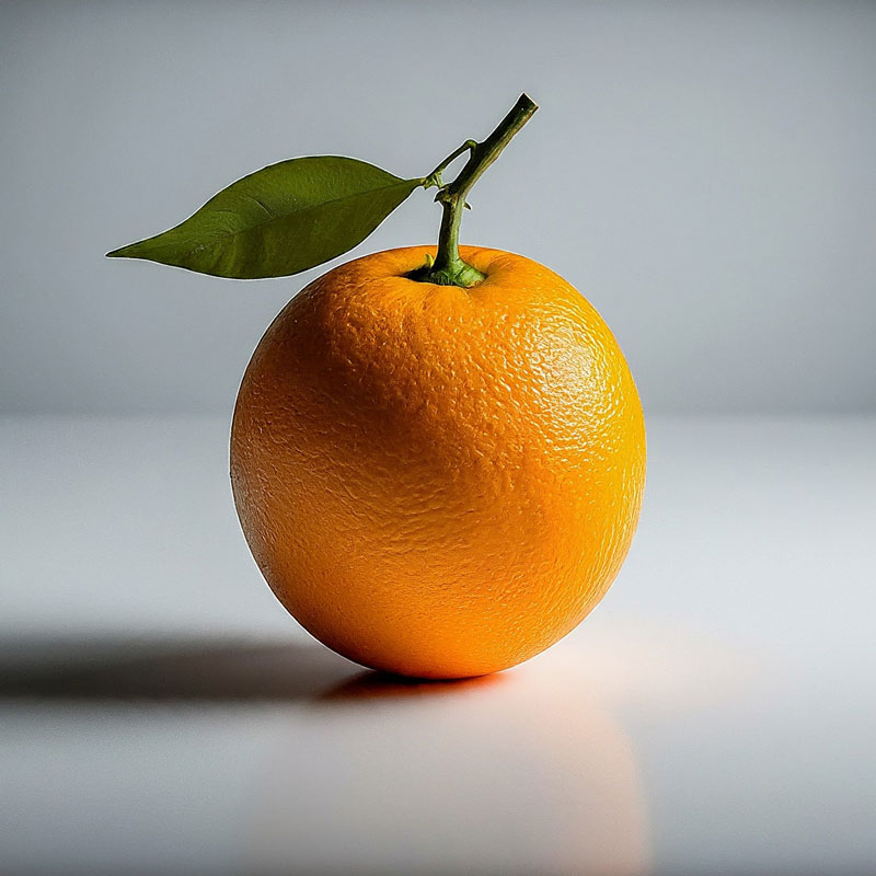 orange with stem and leaf on a white-gray background